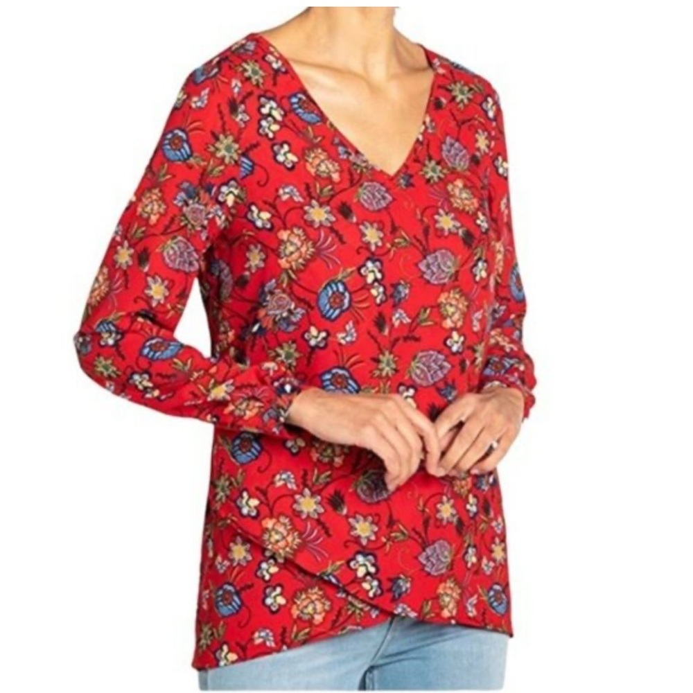 Chelsea & Theodore red floral v-neck long sleeved blouse, XL, NWT!